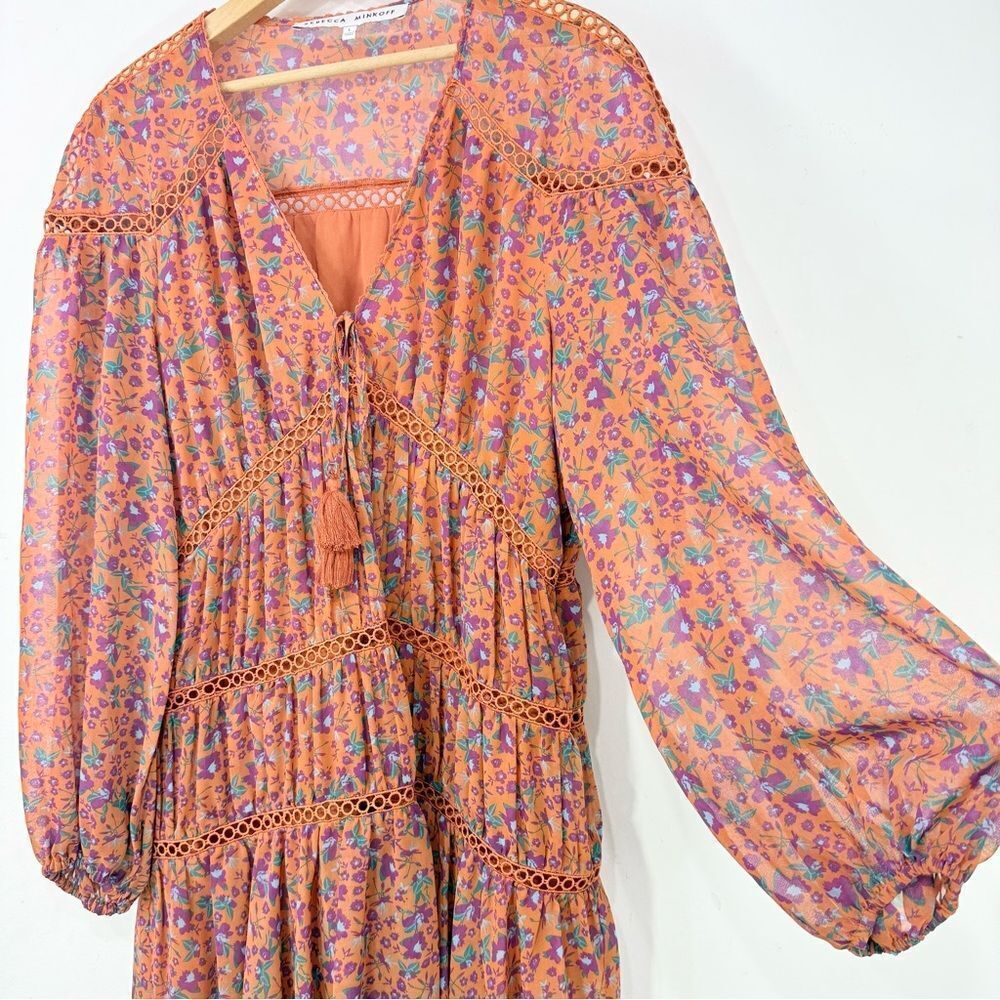 Rebecca Minkoff CADEN Dark Orange Magenta Floral Boho Chic Tiered Peasant Dress - Picture 9 of 16